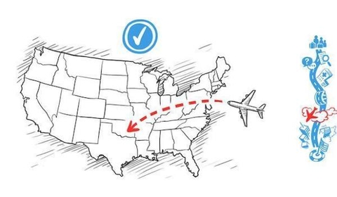 A map of the United States with a red dashed line showing a flight path from the east coast to the central region. An airplane icon is at the end of the path. A blue circle with a checkmark is located above the map.