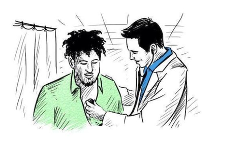 A healthcare professional in a white coat is using a stethoscope to listen to the chest of a man with curly hair wearing a green shirt. The setting appears to be a medical examination room.