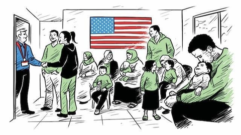 A diverse group of people are sitting and standing in a waiting room. Some are engaging in conversations while others are quietly sitting. An American flag hangs on the wall in the background. A man in a blue shirt is greeting a woman at the door, and a man in a green shirt is holding a child on his lap.