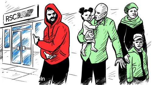A drawn image of a man in a hoodie approaching a family outside a Resettlement Support Center.