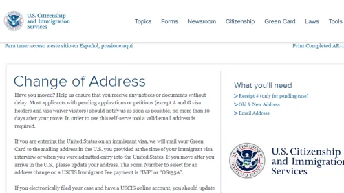 A screenshot of the Change of Address page on the USCIS website