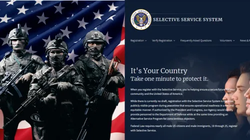 Three soldiers in military gear stand in front of an American flag beside text promoting Selective Service registration, including a message about national readiness and legal requirements for males aged 18 to 25