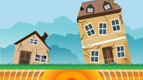 A drawing that illustrates how movements below the earth can cause earthquakes and damage to buildings.