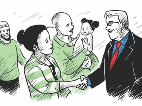 A diverse group of people are interacting. A man in a suit and red tie is shaking hands with a woman in a green and white striped shirt. Beside them, a bald man in a green shirt is holding a baby girl with pigtails. Another man, wearing a green shirt and a cap, is standing in the background, smiling.