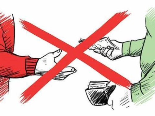 Two people are shown exchanging money, with one hand holding a wallet and the other hand handing over cash. A red 'X' is drawn over the image, indicating that this action is prohibited or discouraged.