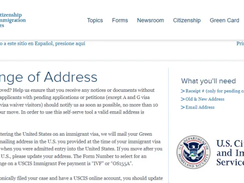 Скриншот страницы изменения адреса на сайте USCIS