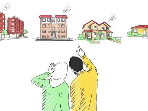 A drawn image of two people looking at different types of housing, each with a different price tag based on the type of housing. The man has an outstretched hand pointing towards the house in the middle.
