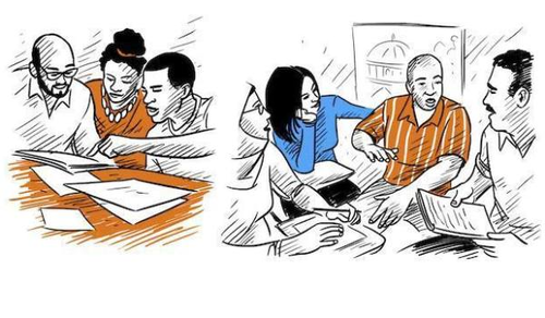 The image depicts two scenes of groups of people in discussions. On the left, three individuals, including a bald man, a woman with an updo, and a young man, are gathered around a table reviewing documents. On the right, four individuals, including a woman in a blue shirt and a man in an orange striped shirt, are engaged in a conversation, possibly in a classroom or meeting room setting.