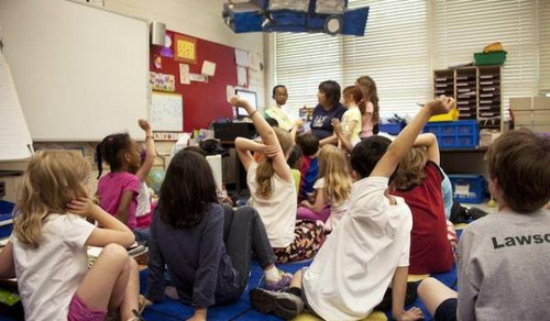 A classroom with young children sitting on the floor, facing a teacher. Some children have their hands raised, and the teacher is interacting with them. The classroom has a whiteboard, colorful decorations, and various educational materials.