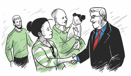 A diverse group of people are interacting. A man in a suit and red tie is shaking hands with a woman in a green and white striped shirt. Beside them, a bald man in a green shirt is holding a baby girl with pigtails. Another man, wearing a green shirt and a cap, is standing in the background, smiling.