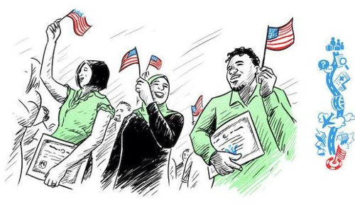 A group of people are celebrating, holding small American flags and certificates. A woman in a green dress, a woman wearing a headscarf, and a man in a green shirt are in the foreground, all smiling and waving their flags. The image represents a citizenship or naturalization ceremony.