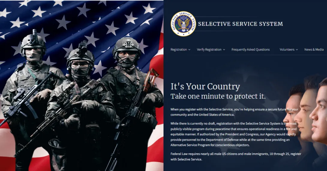 Three soldiers in military gear stand in front of an American flag beside text promoting Selective Service registration, including a message about national readiness and legal requirements for males aged 18 to 25